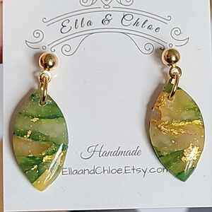 Artisan Boho Green Gold Resin Agate Gemstone Leaf Ball Stud Drop Dangle Earrings